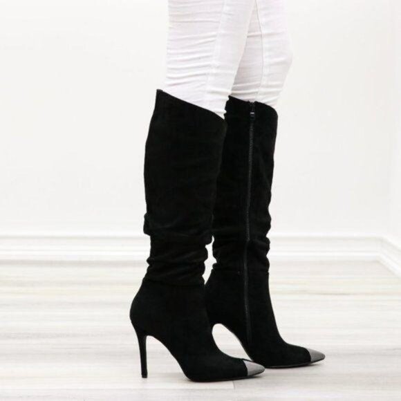 Pointy Toe Below The Knee Black Boots Faux Suede - Picture 5 of 16